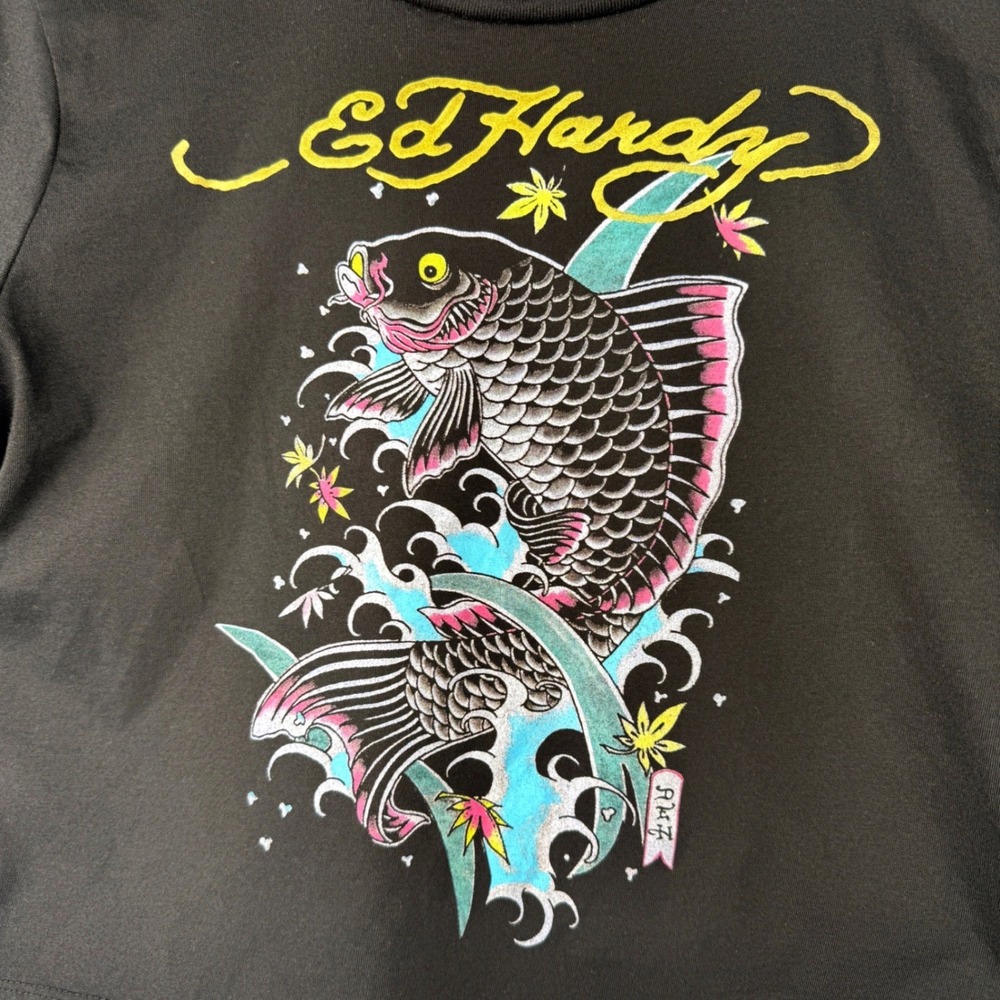 Ed Hardy Crop Top Women M Black Koi Fish Tattoo Graphic Short Sleeve Tee Y2K